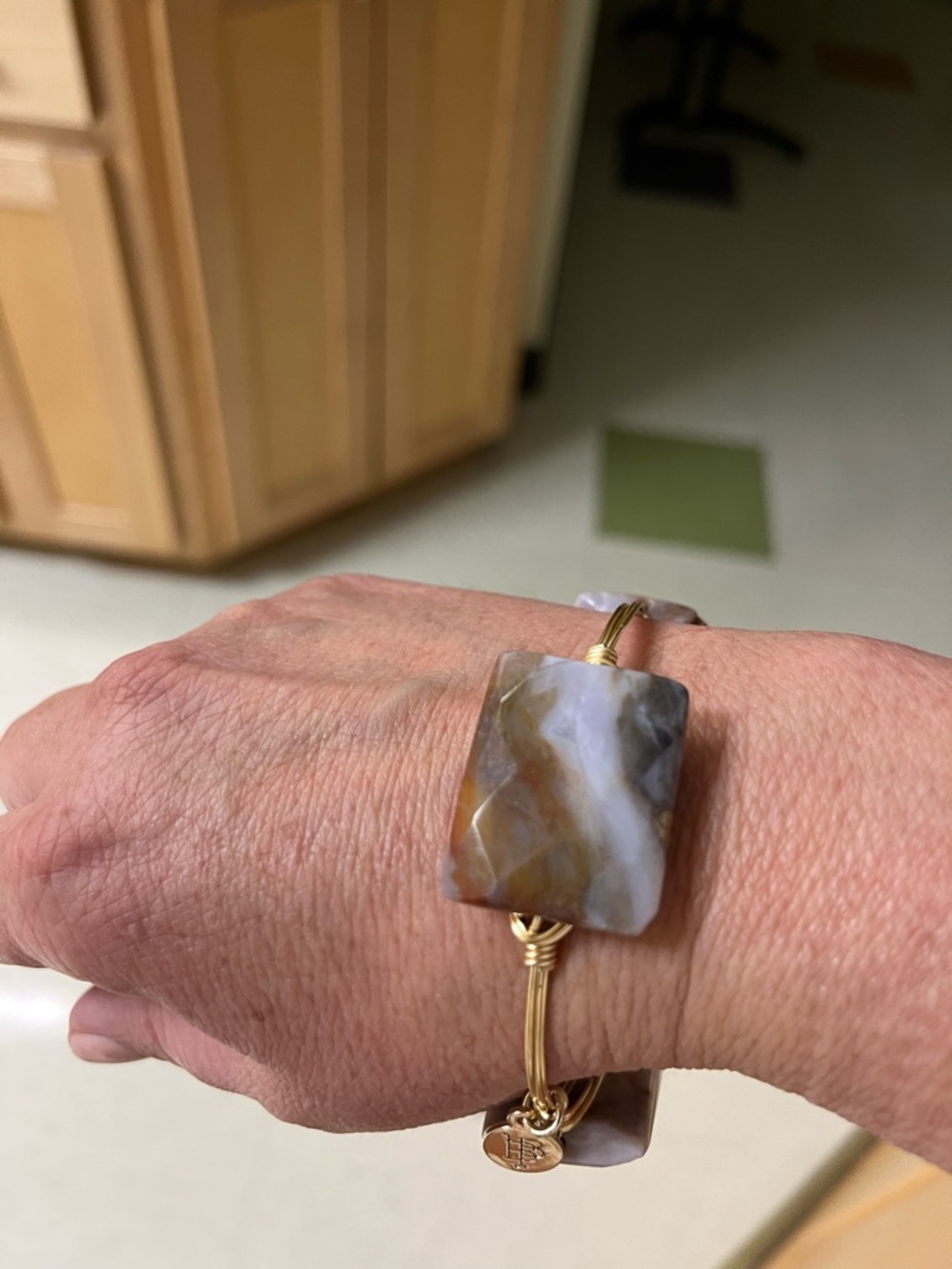Bourbon and Bowties Gold Tone Wire Bracelet with Brown and White Agate Stones
